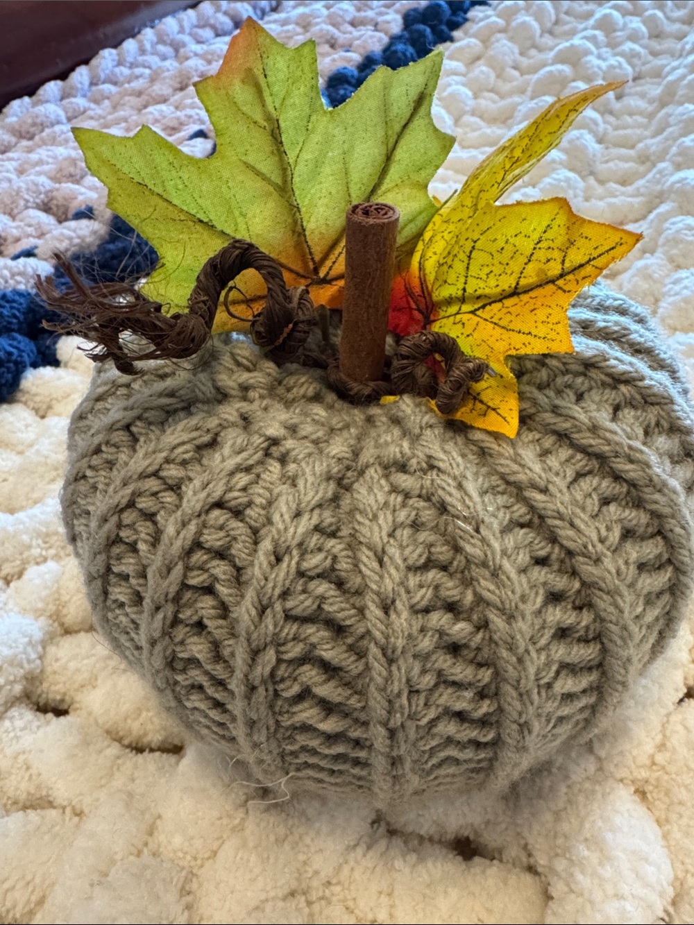 Handmade Knit Gray Pumpkin with Autumn Leaves - Home Accents